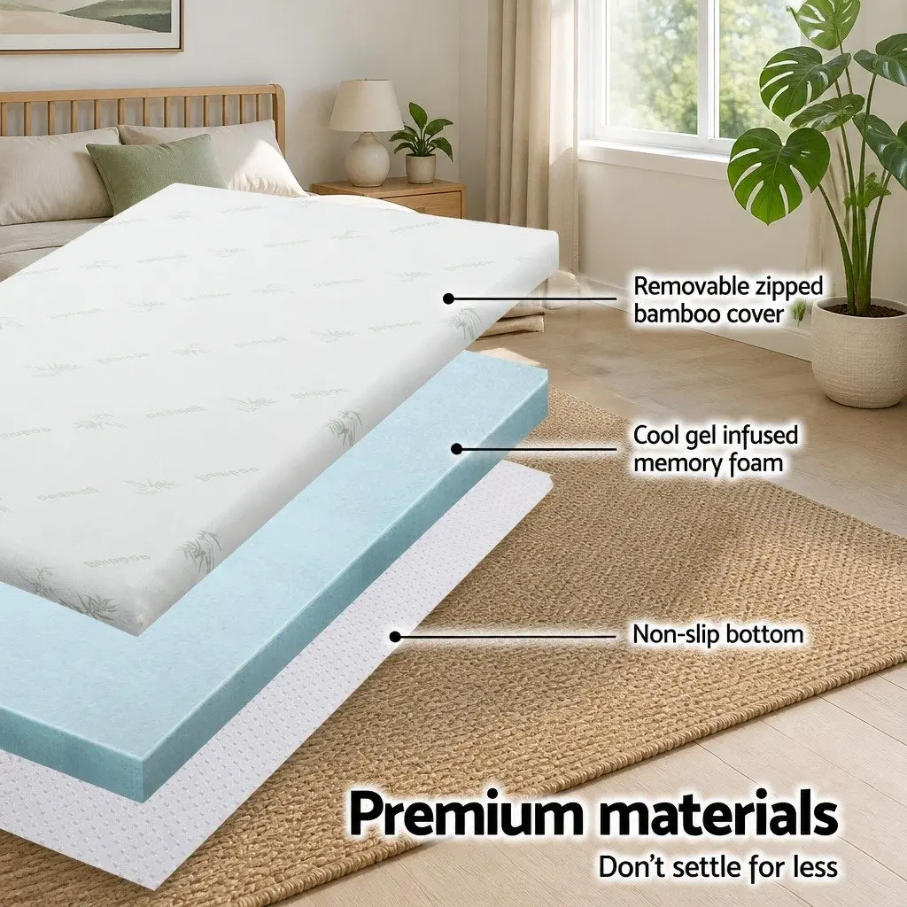 Memory Foam Mattress Topper 10cm Cool Gel Double Bamboo Cover Blue