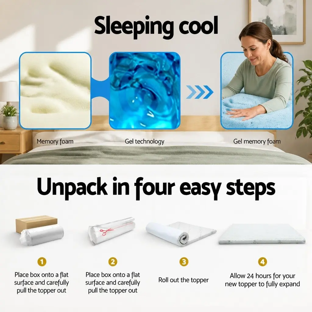 Memory Foam Mattress Topper 10cm Cool Gel Double Bamboo Cover Blue