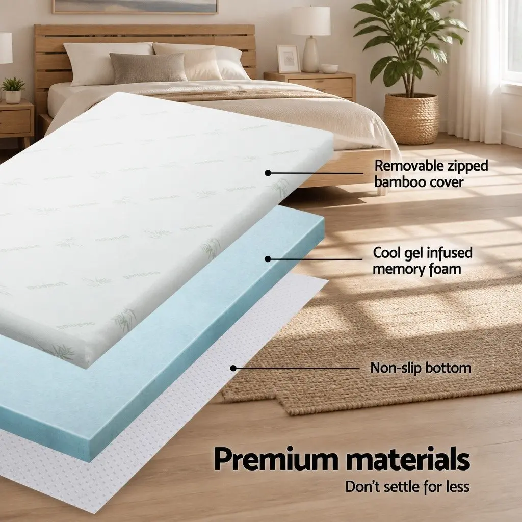 Memory Foam Mattress Topper 10cm Gel Infused Bamboo Fabric King Blue