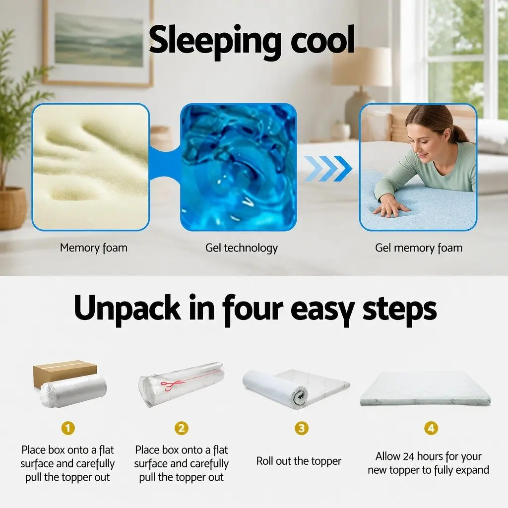 Memory Foam Mattress Topper 10cm Gel Infused Bamboo Fabric King Blue