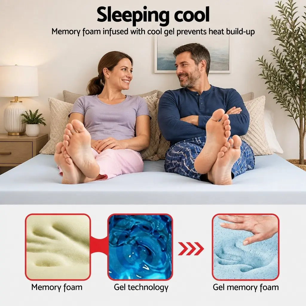 Queen Mattress Topper Gel-Infused Memory Foam 10cm Pressure Relief Cooling White or Blue