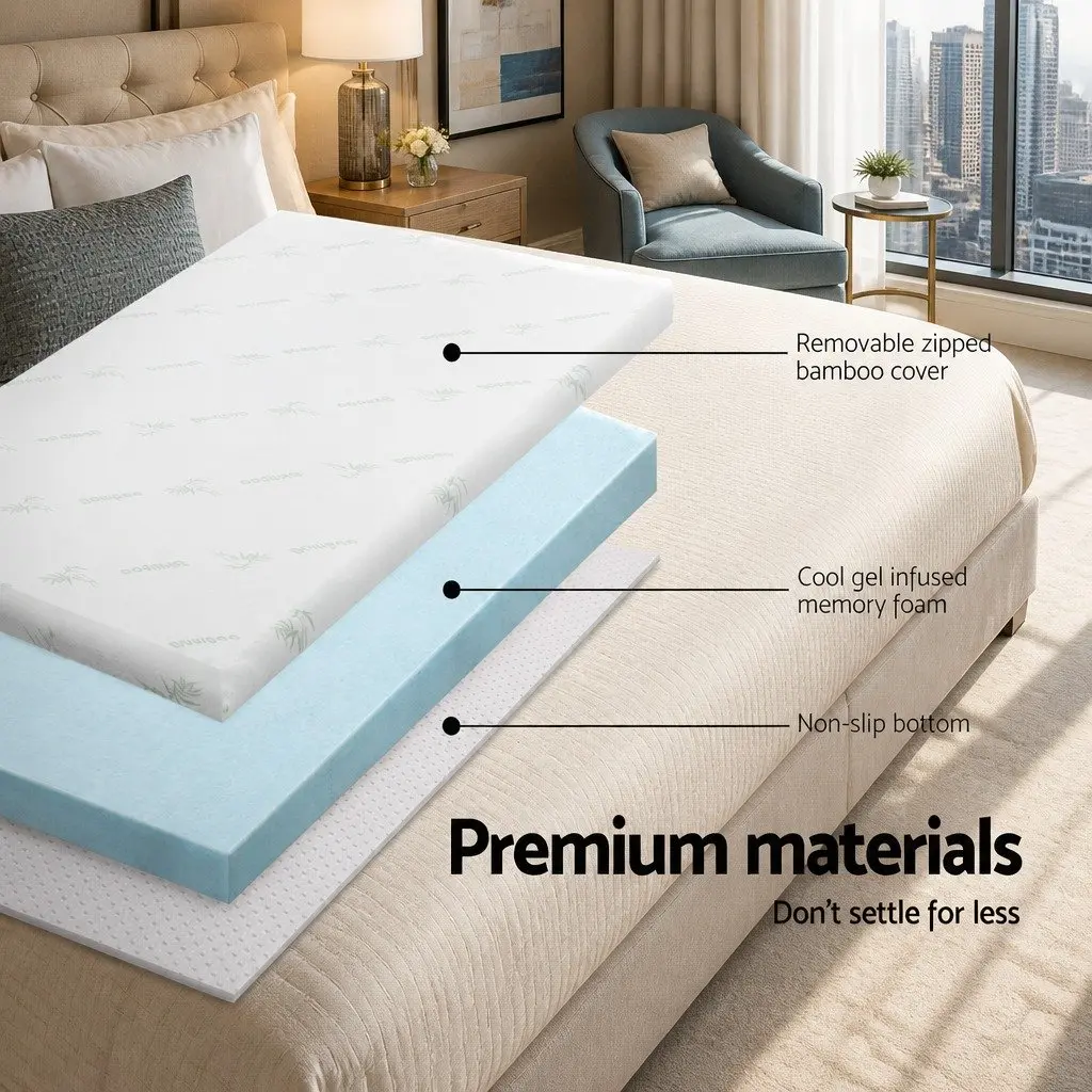 Double Bed Mattress Topper 5cm Gel Infused Memory Foam Bamboo Cover Cooling Pressure Relief