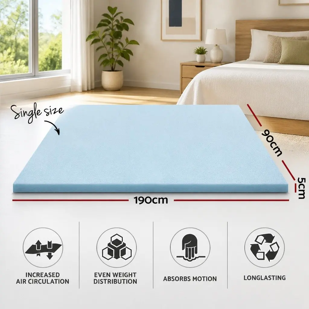 Memory Foam Mattress Topper Single Bed Gel-Infused Cool Gel 5cm Pressure Relief