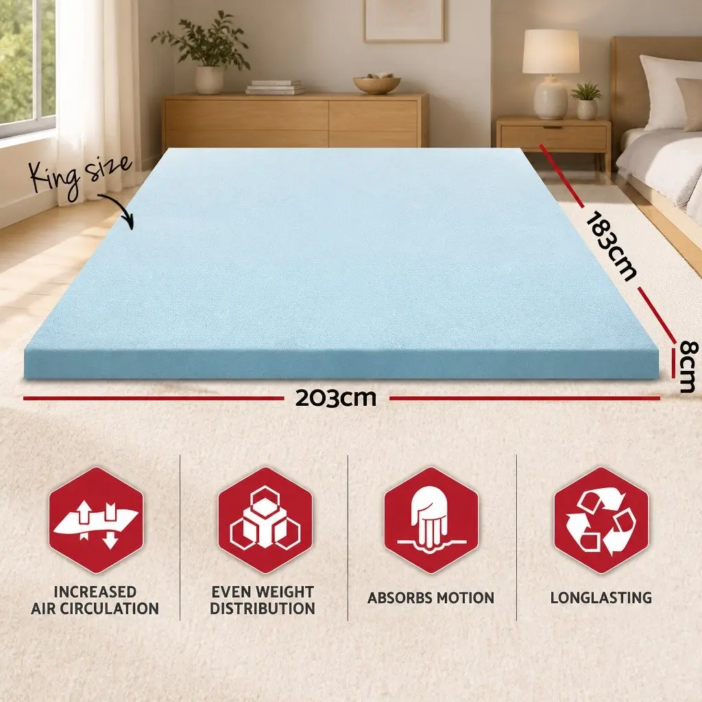 Memory Foam Mattress Topper Gel Infused 8cm King Bed White or Blue Removable Cover