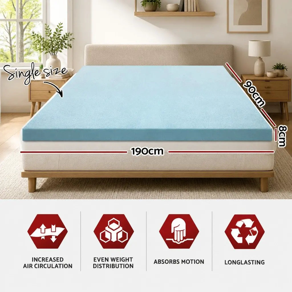 Memory Foam Mattress Topper Single 8cm Gel Infused White or Blue