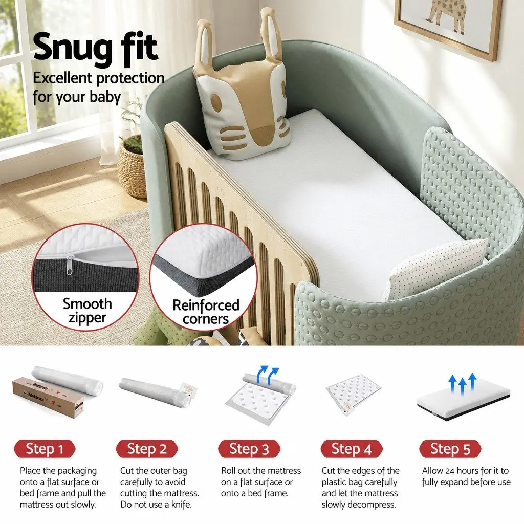 Cot Mattress Double-Sided 13cm Thick Gel Memory Foam Breathable Hypoallergenic White Grey
