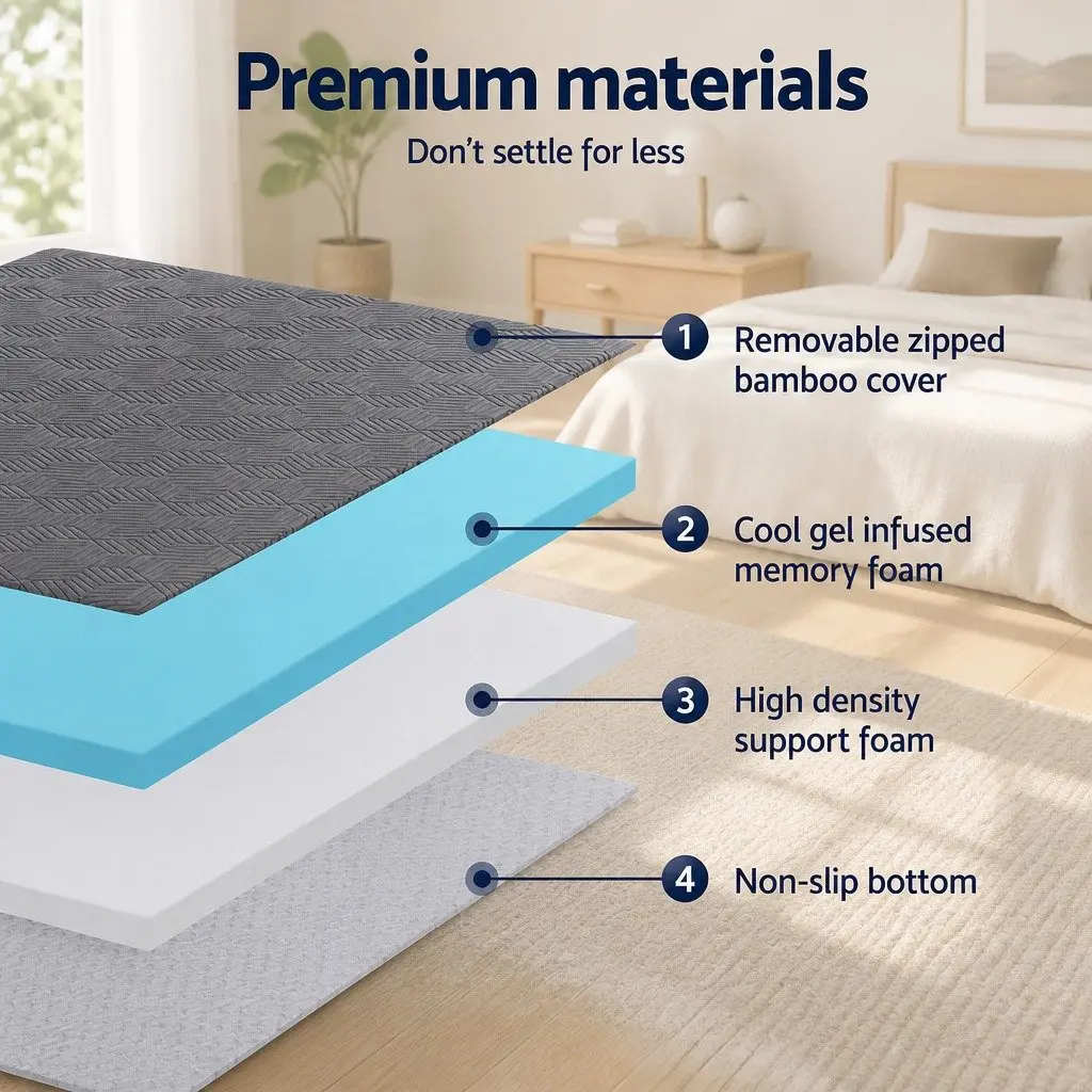 Memory Foam Mattress Topper 8cm Gel Dual Layer Bamboo Cover Double Bed