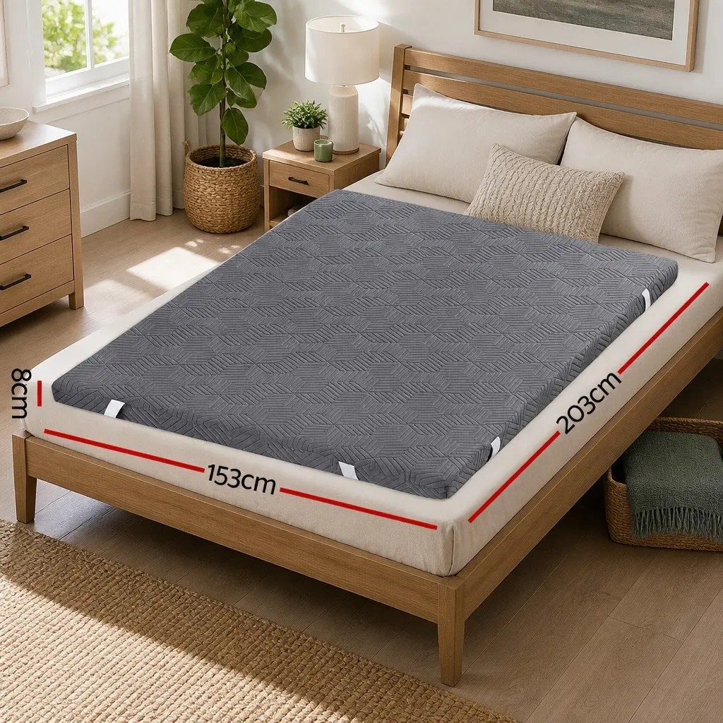 Memory Foam Mattress Topper 8cm Dual Layer Gel Bamboo Cover Queen Grey