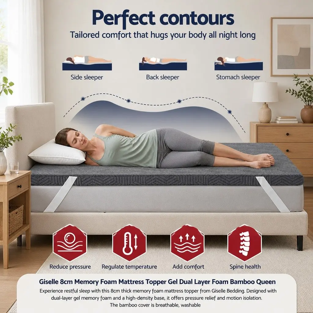 Memory Foam Mattress Topper 8cm Dual Layer Gel Bamboo Cover Queen Grey