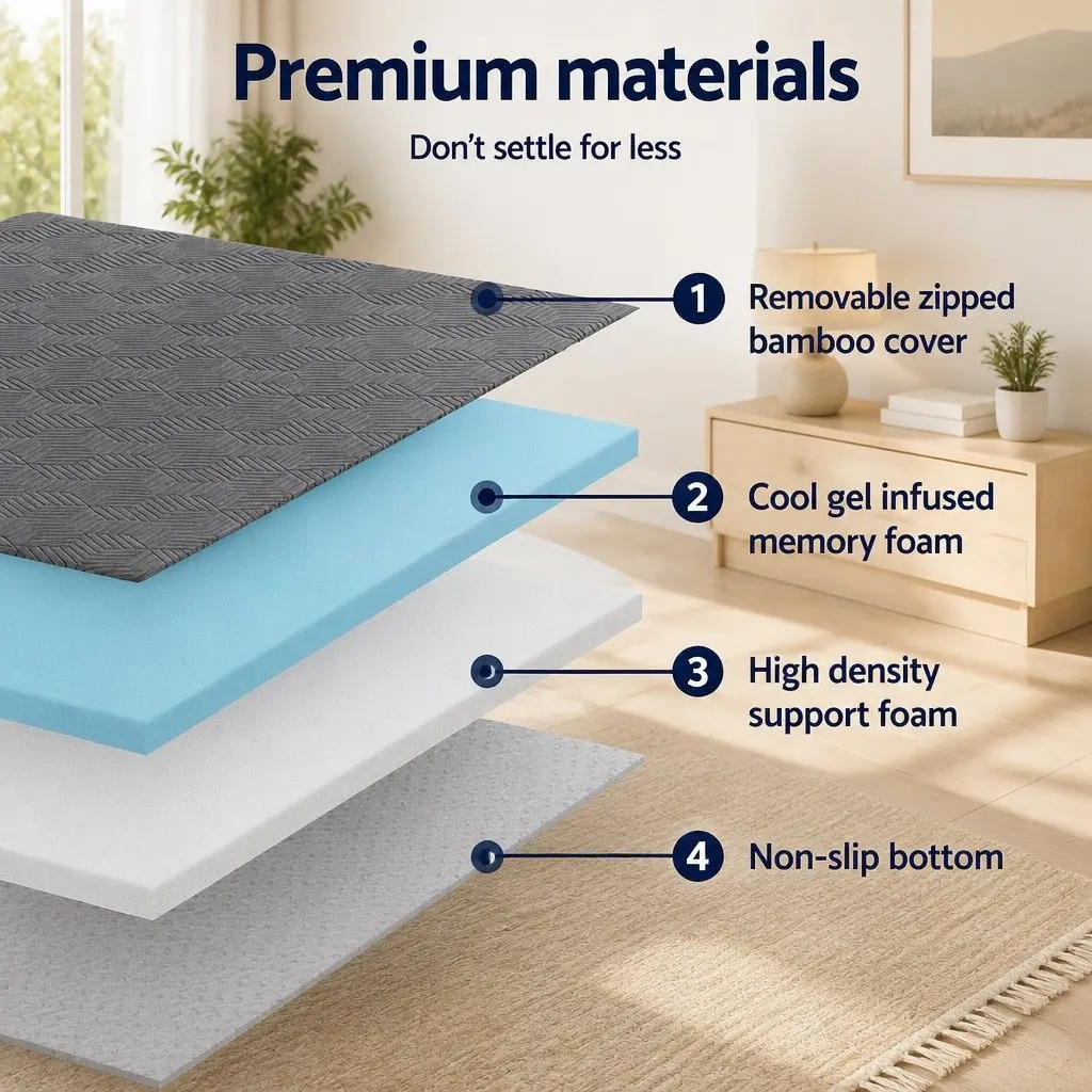 Memory Foam Mattress Topper 8cm Dual Layer Gel Bamboo Cover Queen Grey