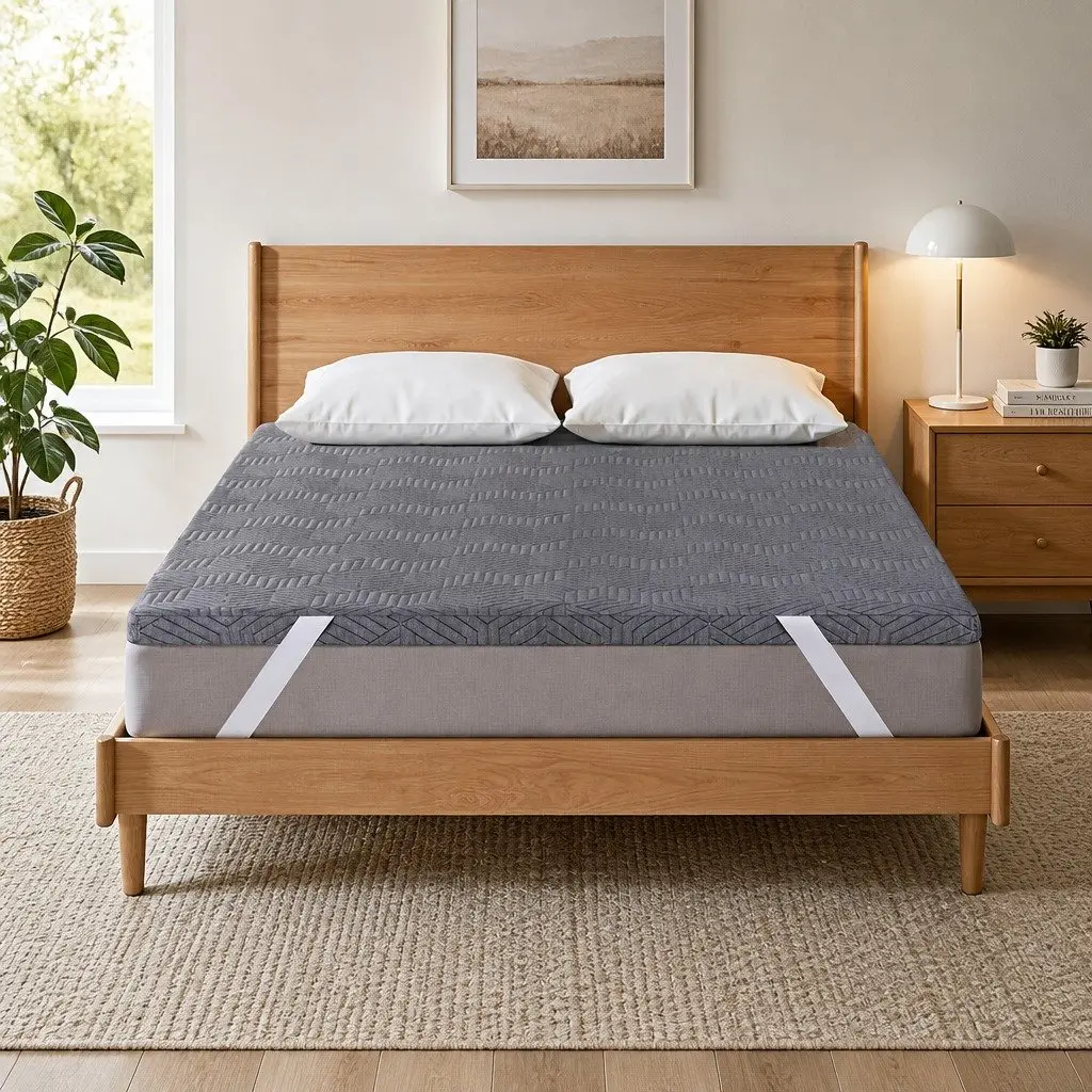 Memory Foam Mattress Topper 8cm Dual Layer Gel Bamboo Cover Queen Grey