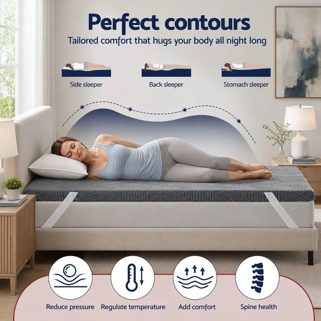 Memory Foam Mattress Topper 8cm Dual Layer Gel Bamboo Cover Single Bed Grey