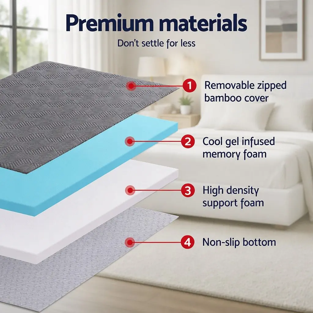 Memory Foam Mattress Topper 8cm Dual Layer Gel Bamboo Cover Single Bed Grey