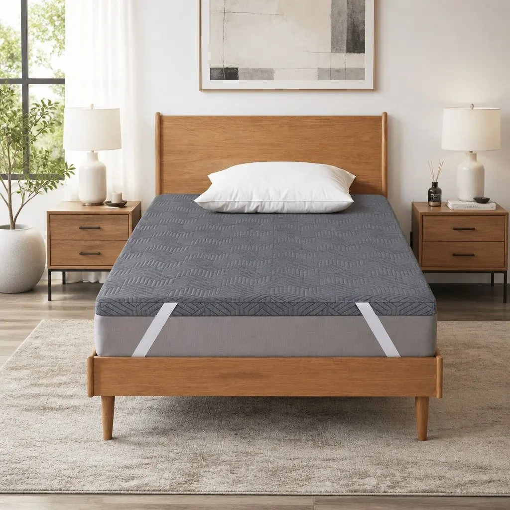 Memory Foam Mattress Topper 8cm Dual Layer Gel Bamboo Cover Single Bed Grey