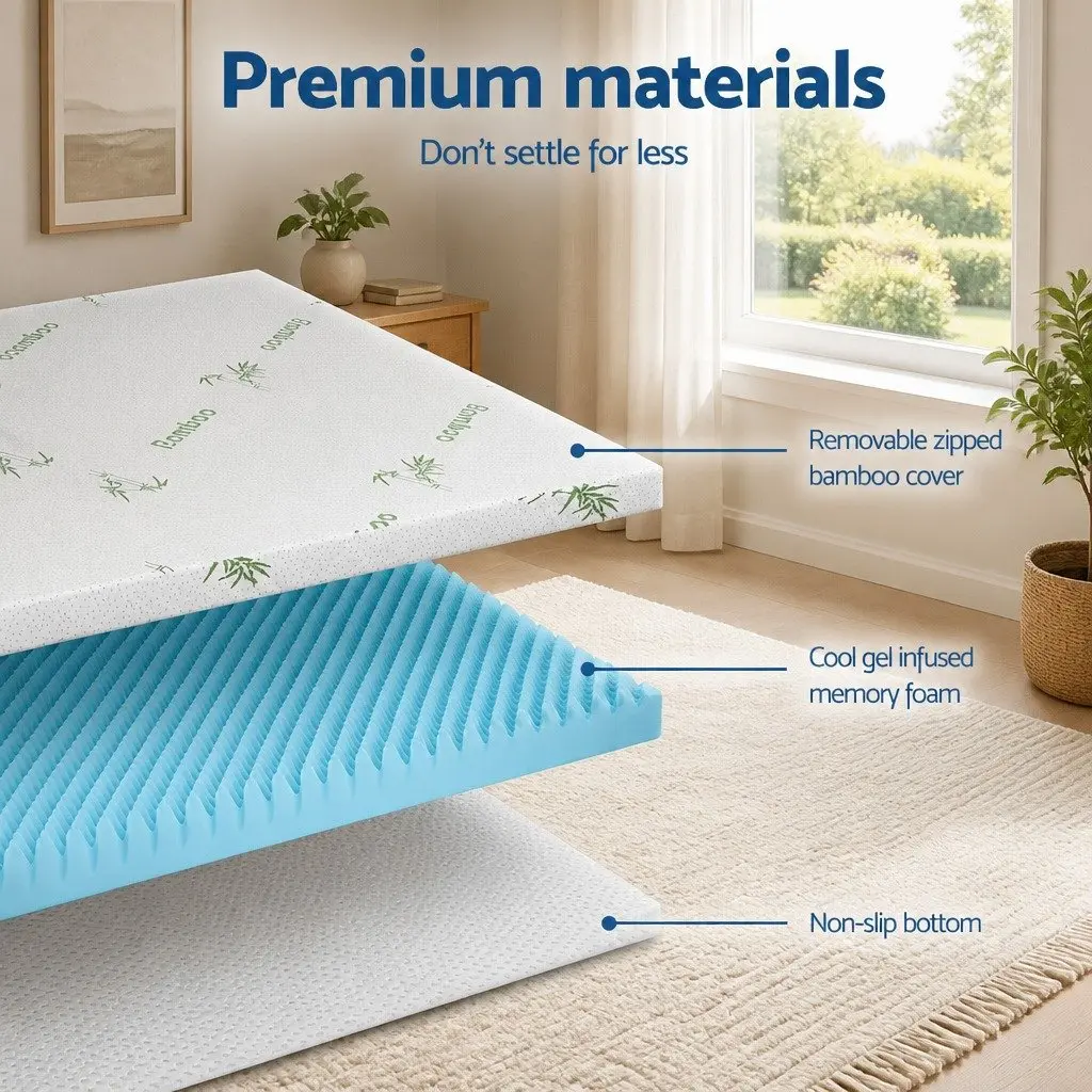 Memory Foam Mattress Topper 8cm Gel Egg Crate Bamboo King Single Pressure Relief