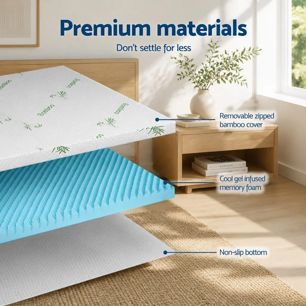 Memory Foam Mattress Topper 8cm Gel Egg Crate Bamboo Cover King Bed