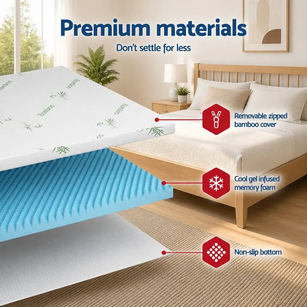Memory Foam Mattress Topper 8cm Gel Egg Crate Bamboo Cover Queen Size Pressure