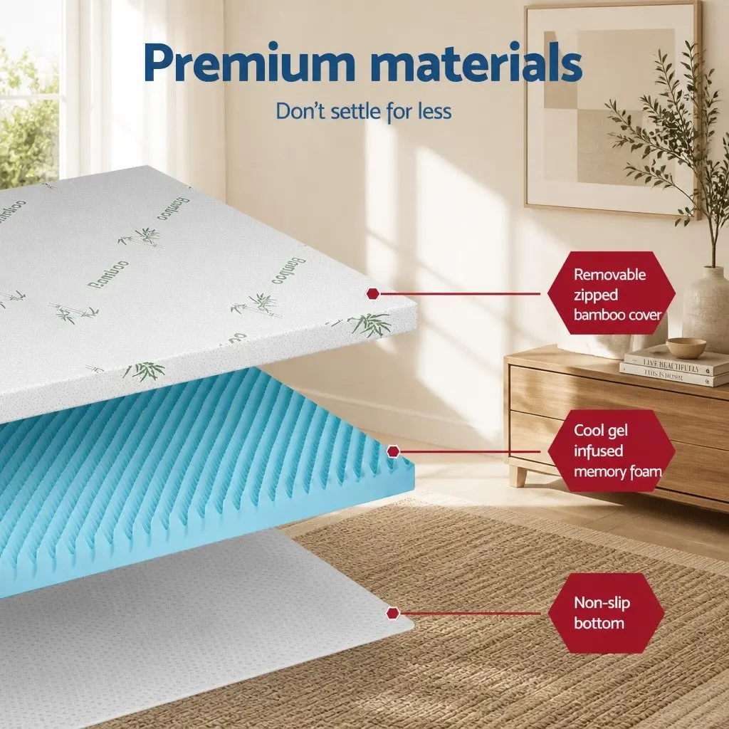 Memory Foam Mattress Topper 8cm Gel Egg Crate Single Bamboo Cover White