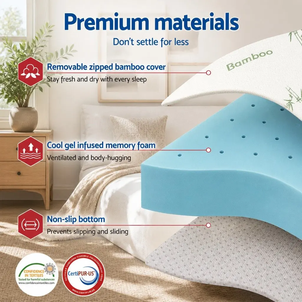 Memory Foam Mattress Topper 12cm Ventilated Gel Bamboo Cover King Single Bed