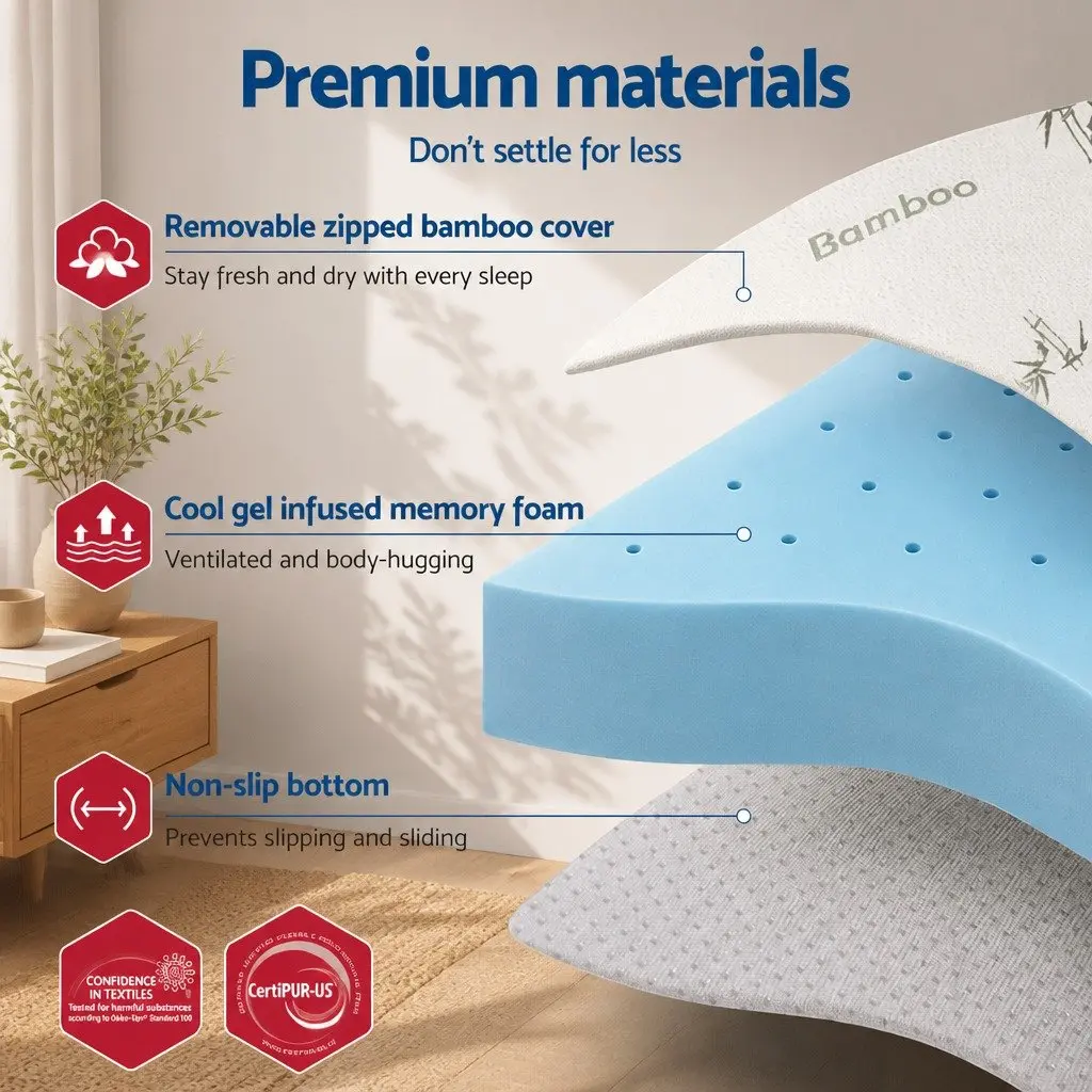 Memory Foam Mattress Topper King 12cm Ventilated Cool Gel Bamboo Cover Pressure