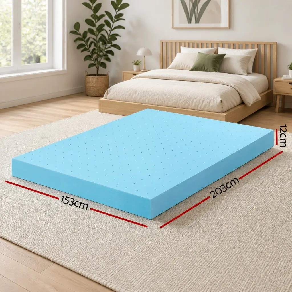 Mattress Topper Memory Foam Bamboo Cover Ventilated Gel Queen Size 12cm Blue