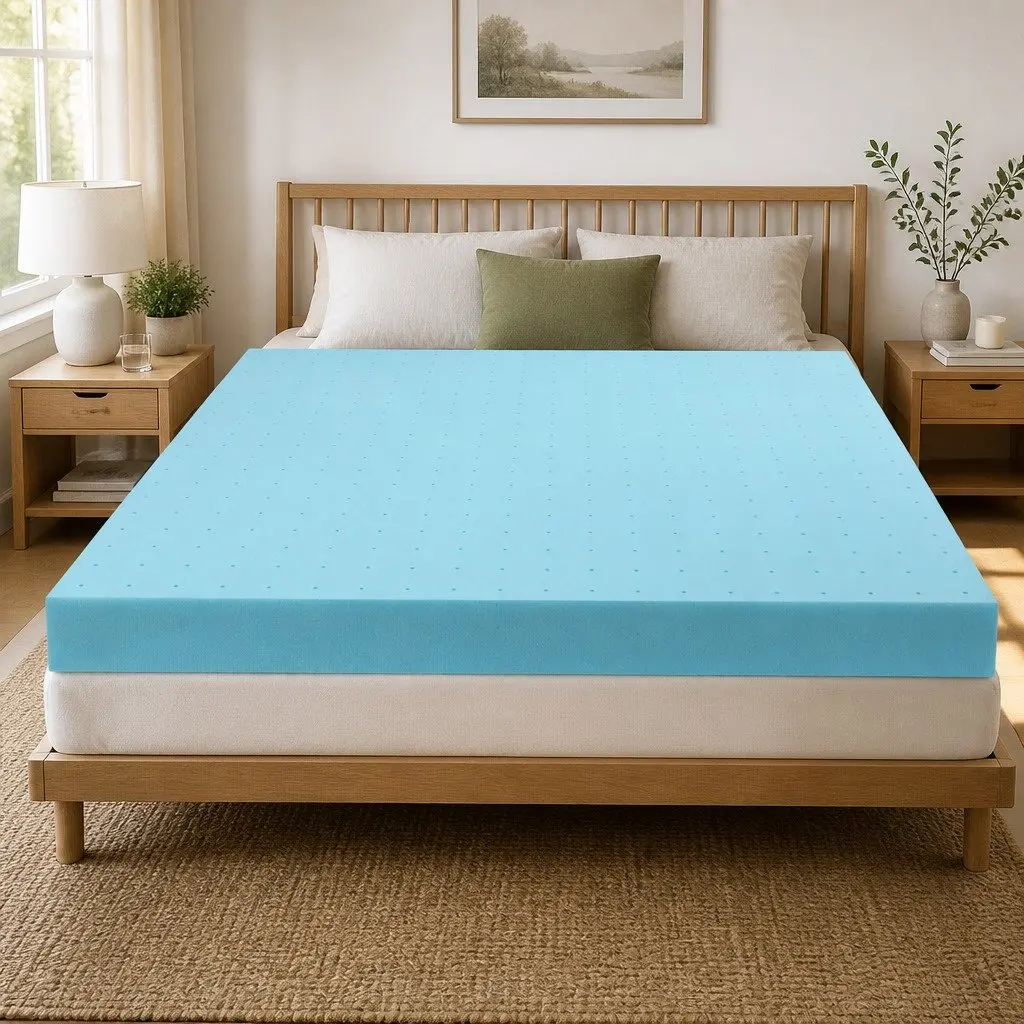 Mattress Topper Memory Foam Bamboo Cover Ventilated Gel Queen Size 12cm Blue