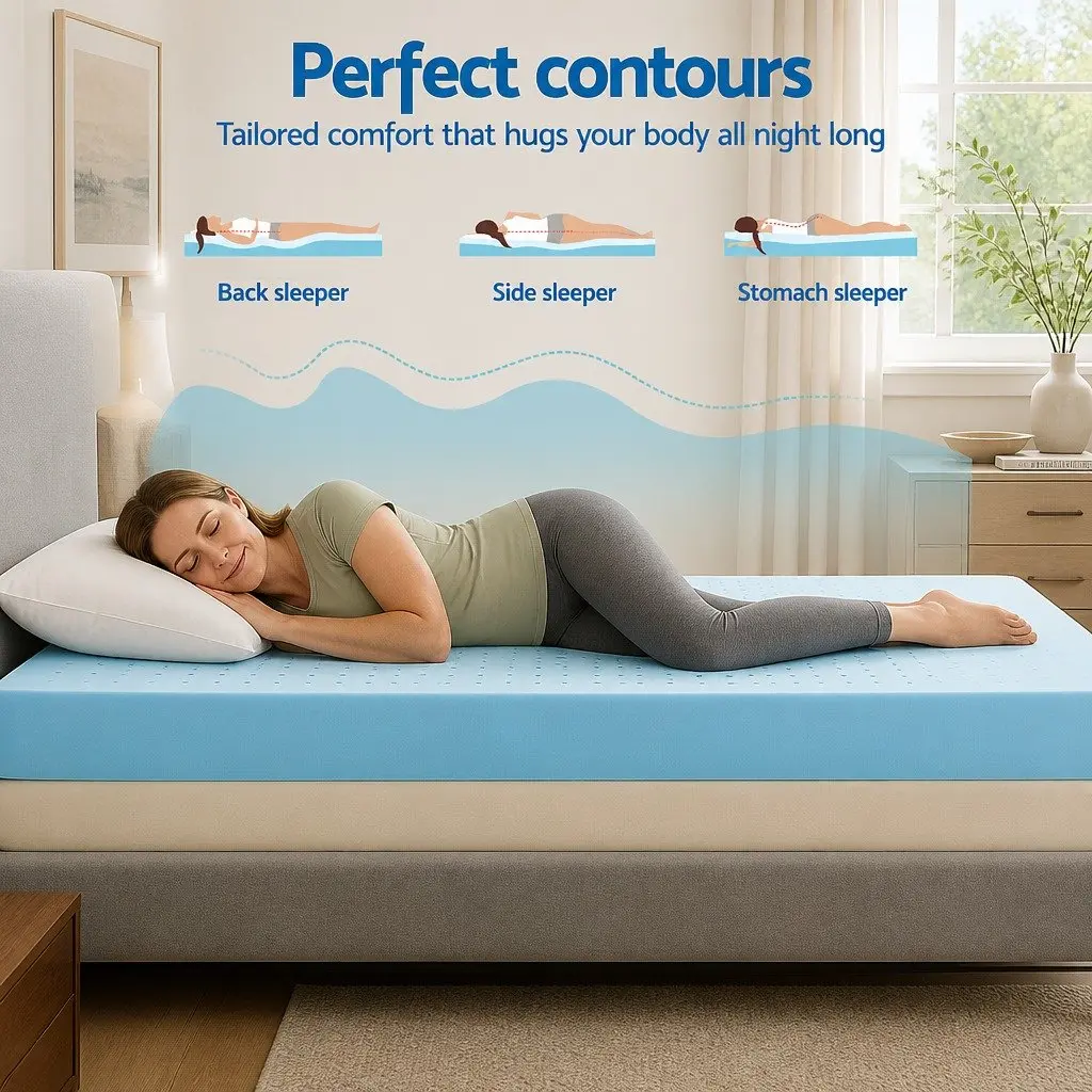 Mattress Topper Memory Foam Bamboo Cover Ventilated Gel Queen Size 12cm Blue