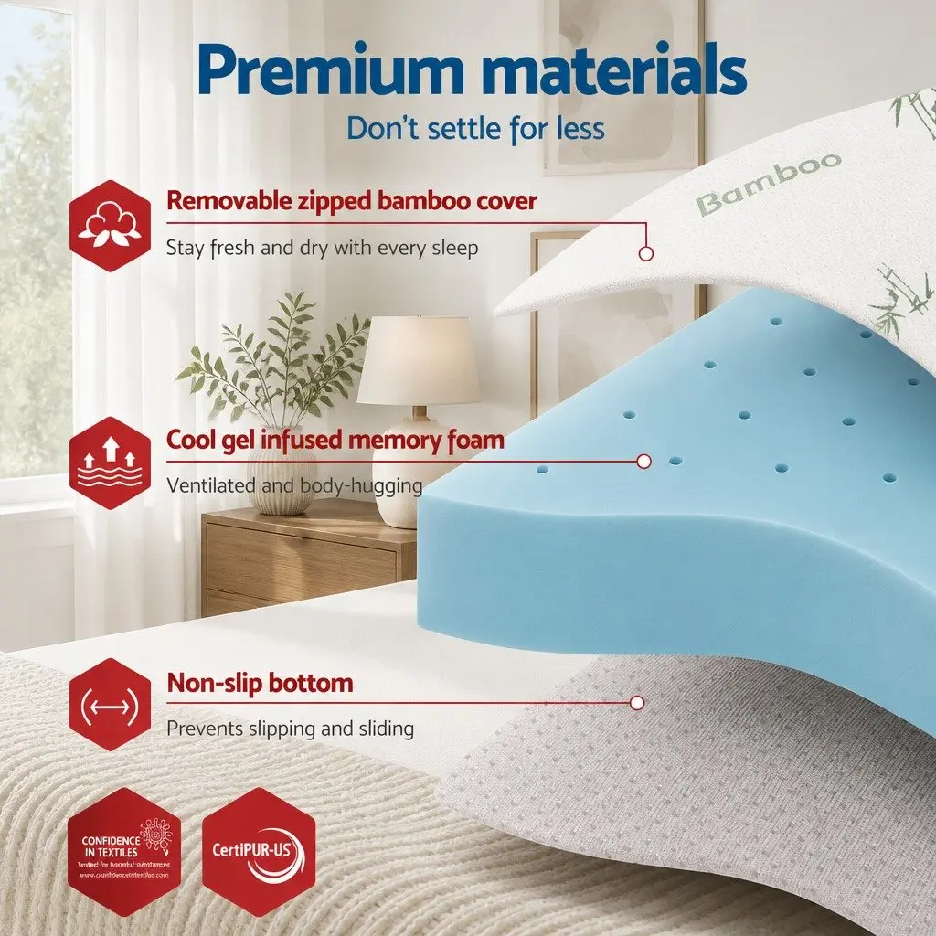 Mattress Topper Memory Foam Bamboo Cover Ventilated Gel Queen Size 12cm Blue