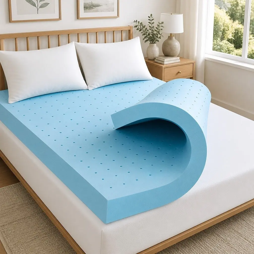Mattress Topper Memory Foam Bamboo Cover Ventilated Gel Queen Size 12cm Blue