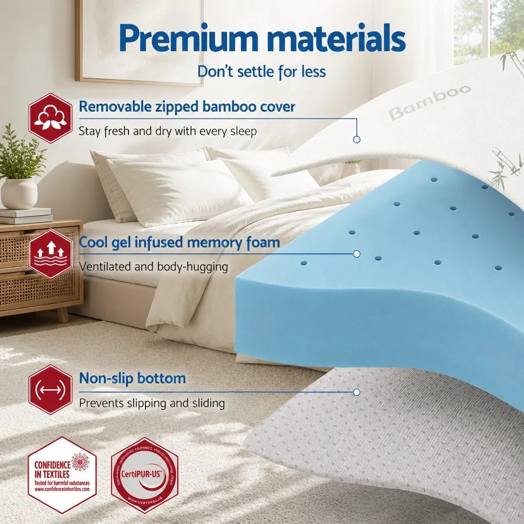 Memory Foam Mattress Topper 12cm Ventilated Gel Bamboo Cover Single Bed