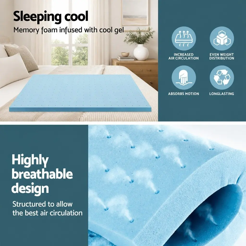 Memory Foam Topper 8cm King Single Ventilated Breathable Cool Gel Blue
