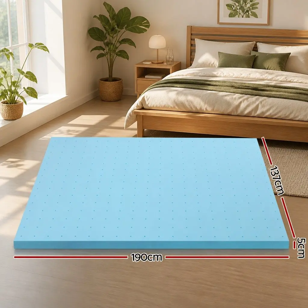 Memory Foam Mattress Topper 5cm Ventilated Gel Double Bed Bamboo Cover Blue
