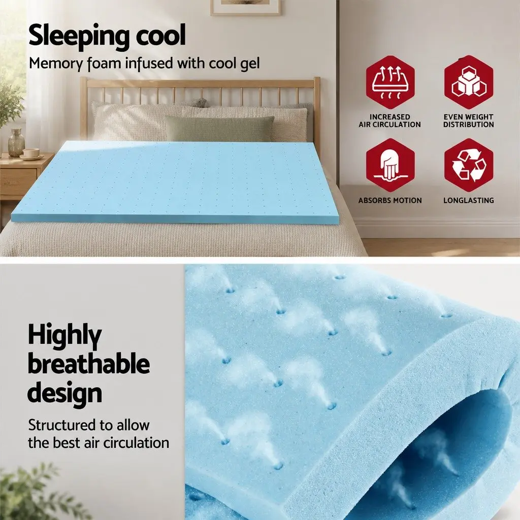 Memory Foam Mattress Topper 5cm Ventilated Gel Double Bed Bamboo Cover Blue