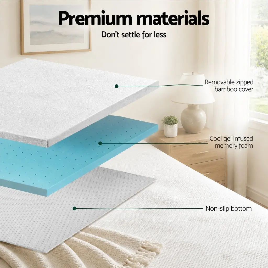 Memory Foam Mattress Topper 5cm Ventilated Gel Double Bed Bamboo Cover Blue