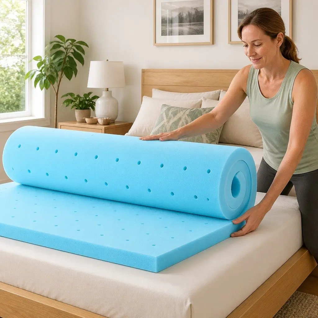Memory Foam Mattress Topper 5cm King Bed Cool Gel Ventilated Blue Removable Cover