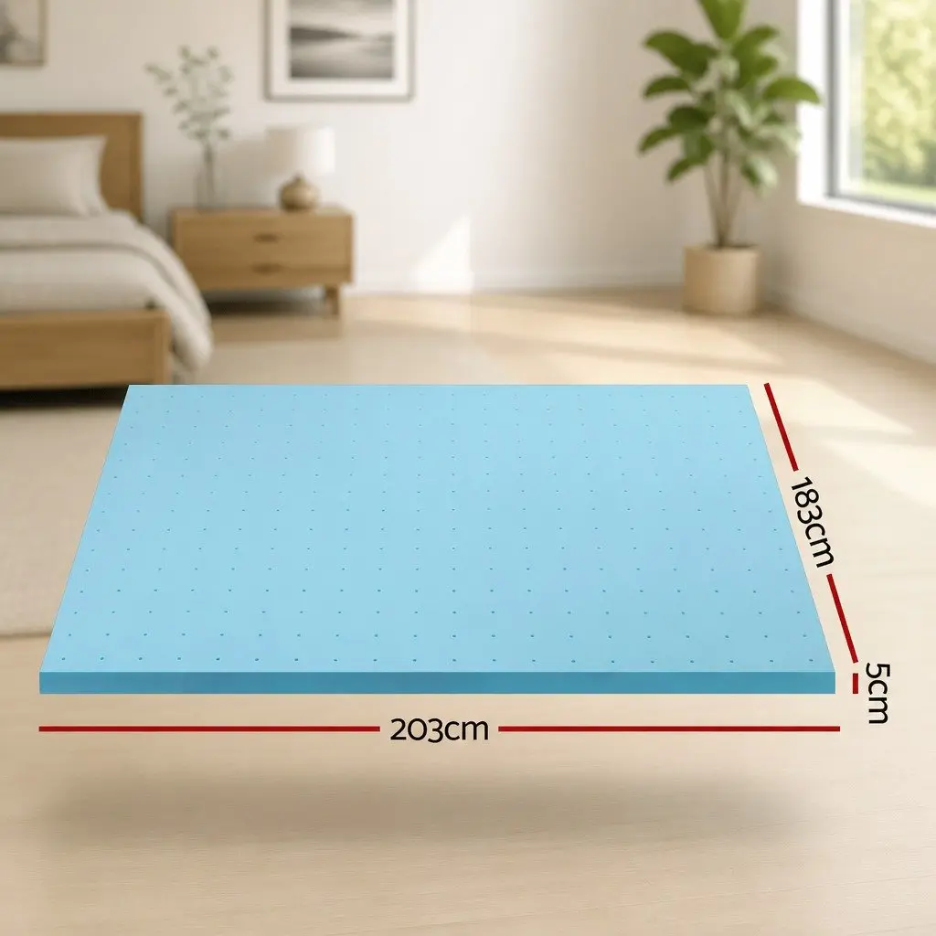 Memory Foam Mattress Topper 5cm King Bed Cool Gel Ventilated Blue Removable Cover