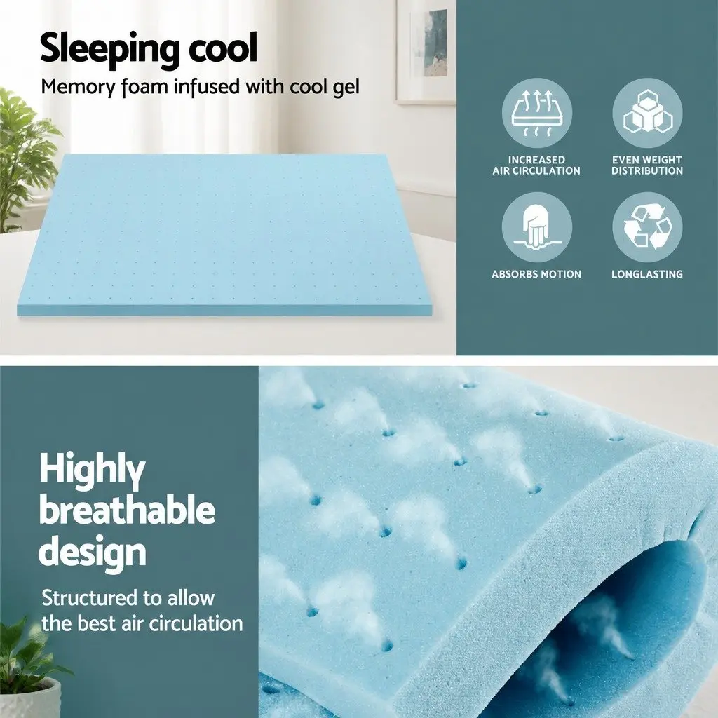 Memory Foam Mattress Topper 5cm King Bed Cool Gel Ventilated Blue Removable Cover