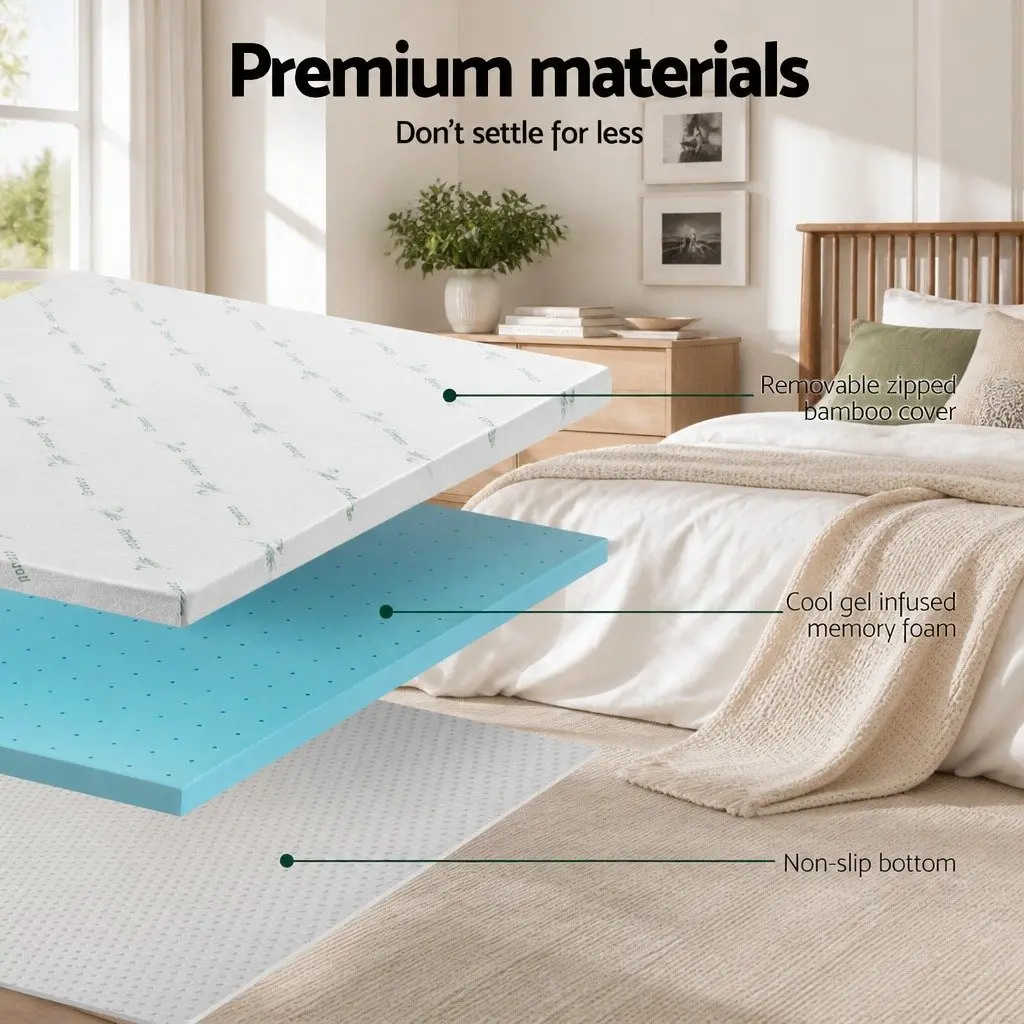 Memory Foam Mattress Topper 5cm King Bed Cool Gel Ventilated Blue Removable Cover