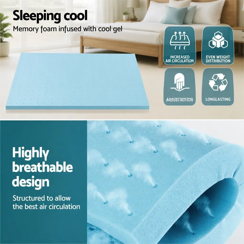 Memory Foam Mattress Topper 5cm Queen Bed Ventilated Gel Blue