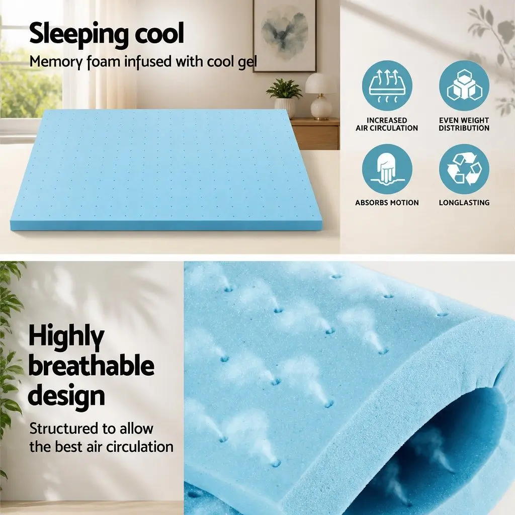 Memory Foam Mattress Topper 8cm Ventilated Blue King Bed