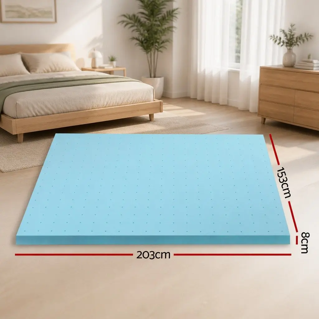 Memory Foam Mattress Topper 8cm Bamboo Cover Queen Bed Ventilated Cool Gel Blue