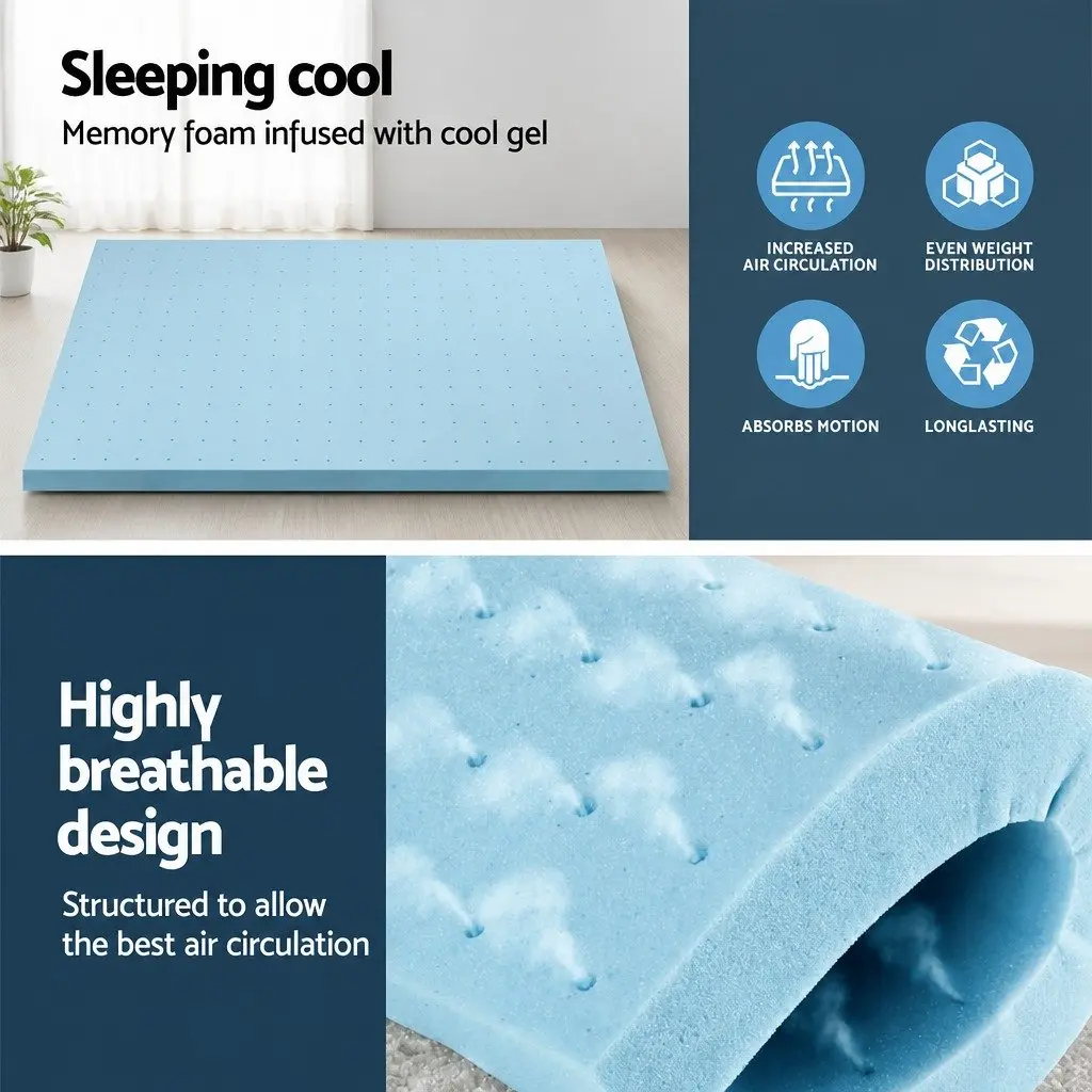 Memory Foam Mattress Topper 8cm Bamboo Cover Queen Bed Ventilated Cool Gel Blue