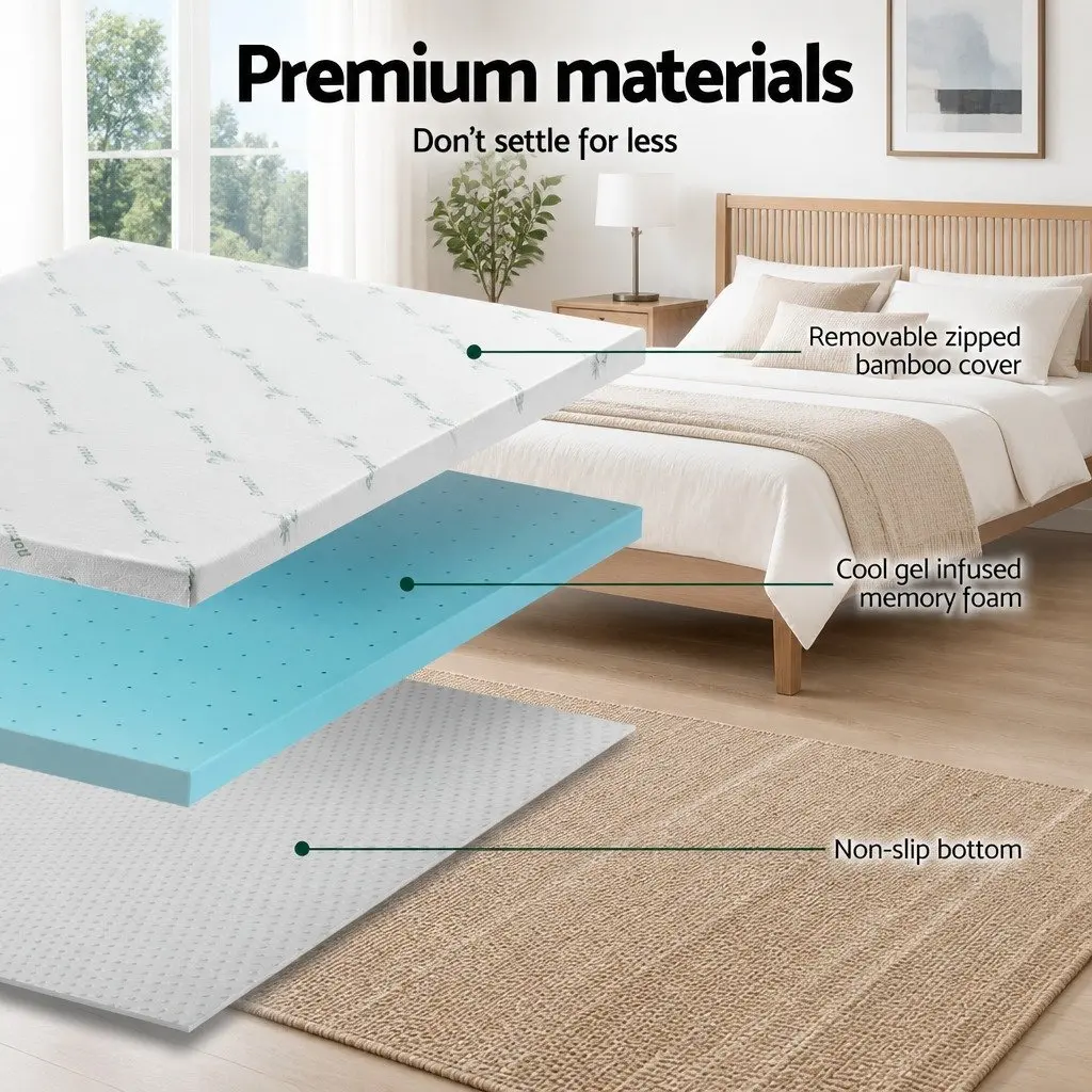 Memory Foam Mattress Topper 8cm Bamboo Cover Queen Bed Ventilated Cool Gel Blue