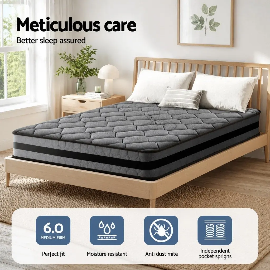 Queen Pocket Spring Mattress 22cm Medium Firm Grey Black Sleep Support