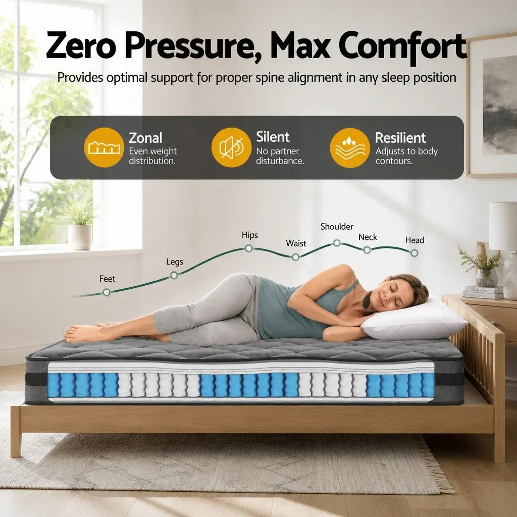 Queen Pocket Spring Mattress 22cm Medium Firm Grey Black Sleep Support
