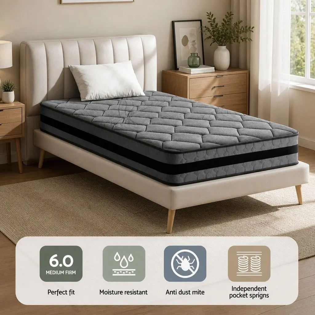 Single Mattress 22cm Pocket Spring Medium Firm Support Comfortable Sleep Bed