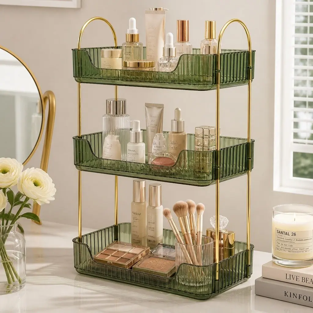 Makeup Organiser 3 Tier Detachable Storage Vanity Countertop Display Shelf Green