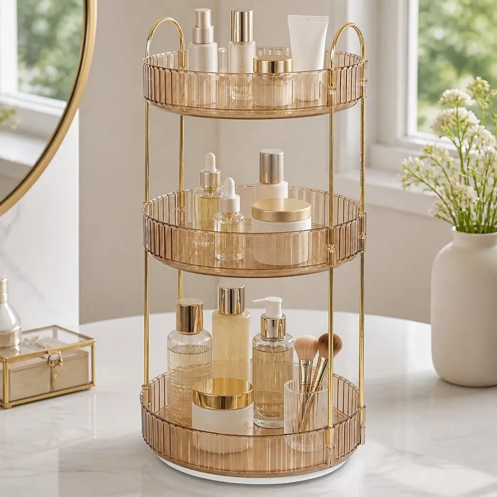 Makeup Organiser Rotating 360° Clear PET Gold 23cm x 23cm x 47cm