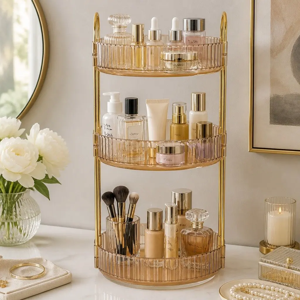 Makeup Organiser Rotating 360° Clear PET Gold 23cm x 23cm x 47cm