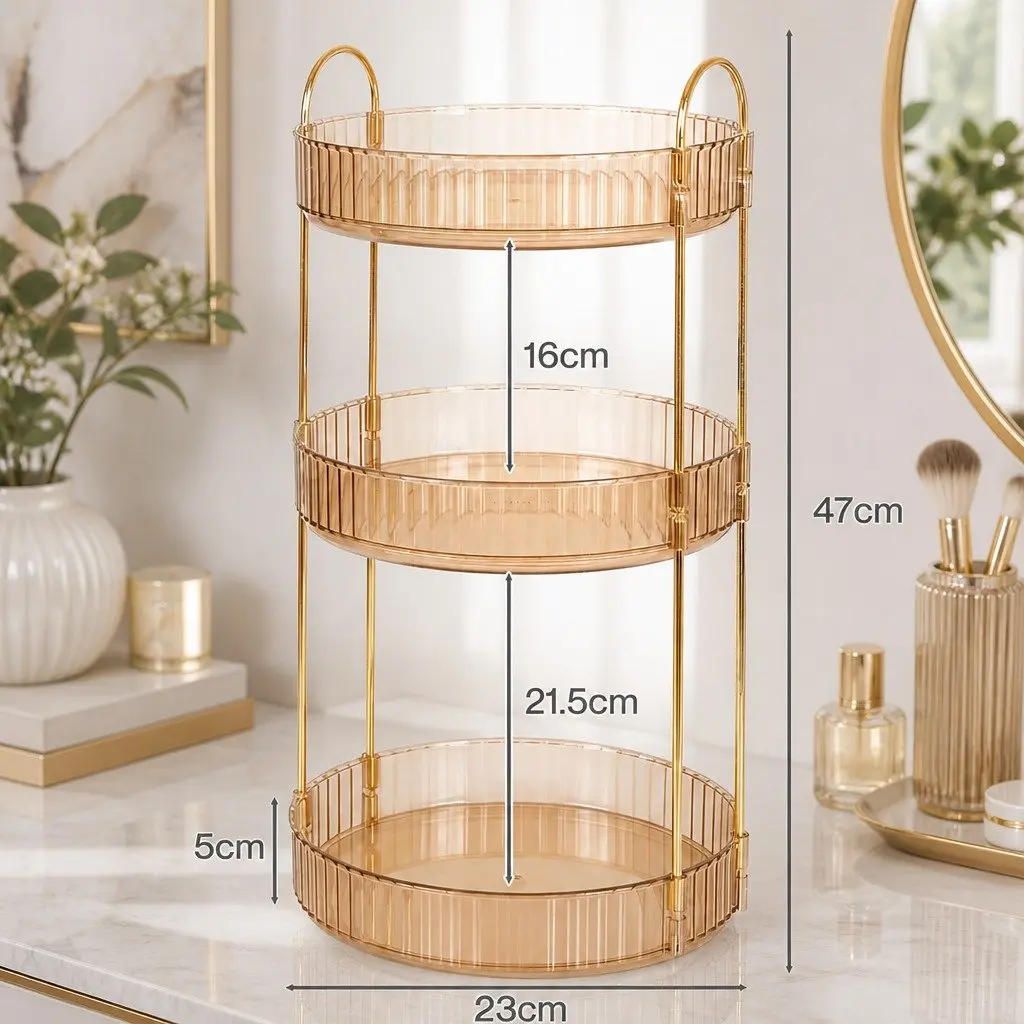 Makeup Organiser Rotating 360° Clear PET Gold 23cm x 23cm x 47cm